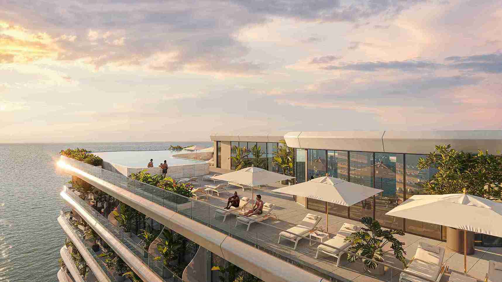 Sea-view terrace at golden hour, luxury Dubai residence 2026