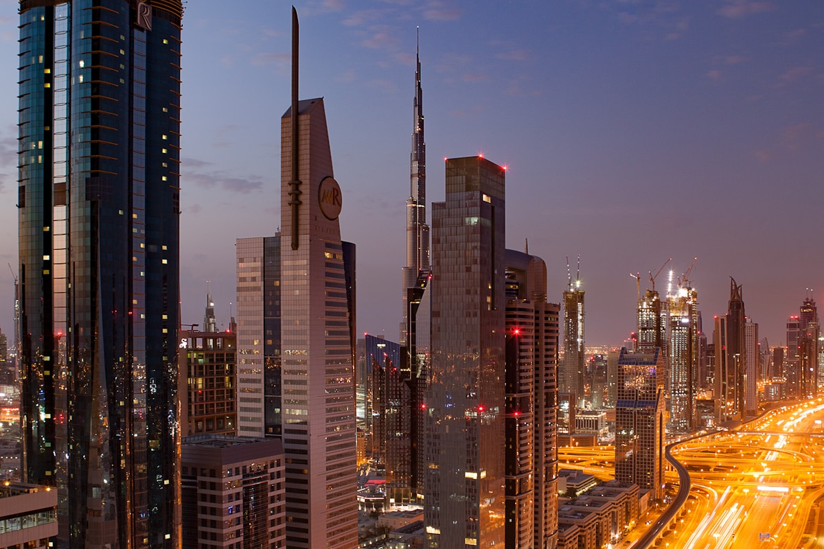 Dubai night skyline Sheikh Zayed Road — luxury investment hub 2026
