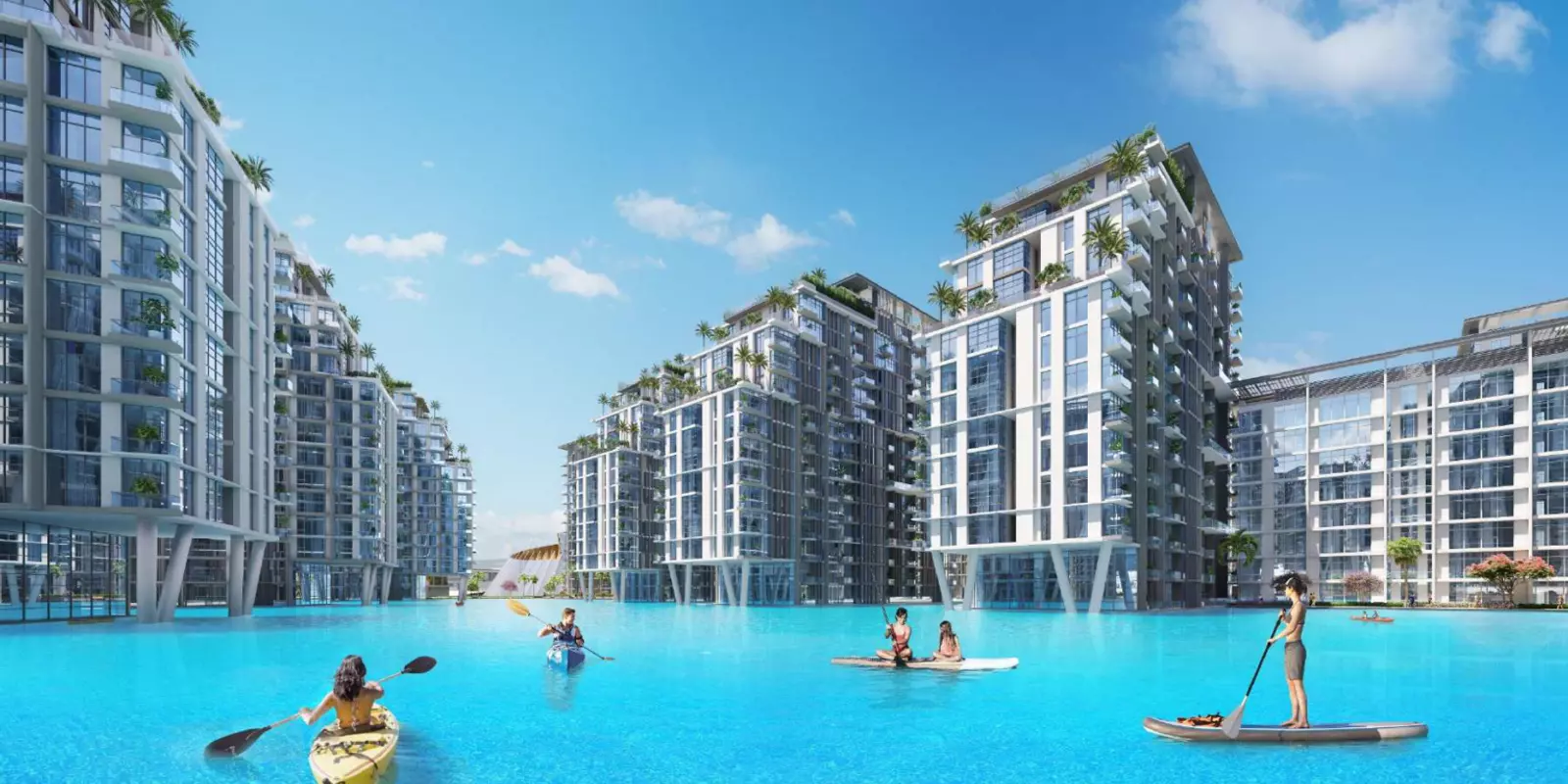 Crystal lagoon between residential blocks at Azizi Venice, Dubai South